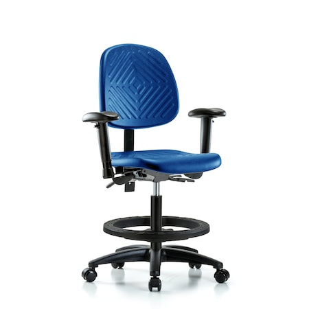 Blue Ridge Ergonomics Poly Chair, Med Bench, Med Back, Arms, Foot Ring, Casters, Blue BR-PMBCH-MB-RG-T0-A1-BF-RC-BLU