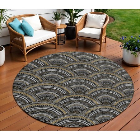 Homeroots 8' Black Ivory And Gold Round Geometric Washable Indoor Outdoor Area Rug 615184