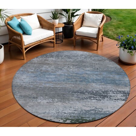Homeroots 8' Pewter Navy Blue And Charcoal Round Abstract Washable Indoor Outdoor Area Rug 630845