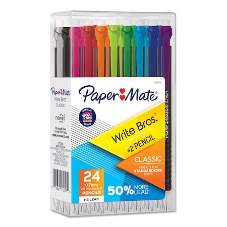 Paper Mate Write Bros Mechanical Pencil, 0.7 mm, HB #2, Black Lead, Black Barrel, Assorted Clip Colors, 24PK 2096310
