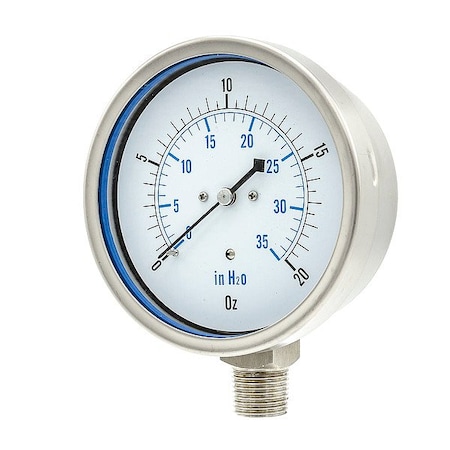 Pic Gauges Low Pressure Gauge, 0 to 20 psi, 4 in Dial, 1/2 in NPT, Bottom Location LP1-SS-402-20X35