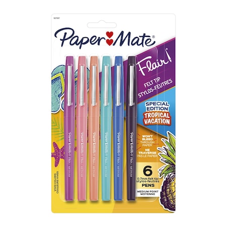Paper Mate Flair Felt Tip Pens, Medium Point (0.7mm), Tropical Colors, 6PK 1927997