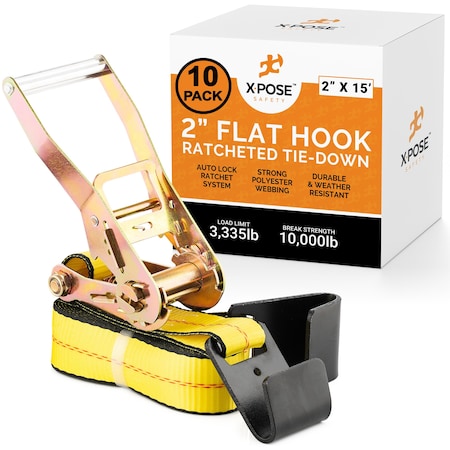 Xpose Safety Heavy Duty Ratchet Straps with Flat Hooks Yellow 2in x 15ft for Tie Down Applications, 10PK RTD215-FH-10-X-S