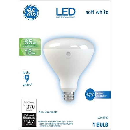 Ge LED Bulb, Flood/Spotlight, BR40 Lamp, 85 W Equivalent, E26 Lamp Base 24261