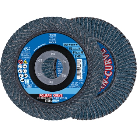 Pferd Flap Disc, 4-1/2 inx 7/8, Z SGP CURVE STEELOX, 40 Grit, Medium Radius, Zirconia, 2PK 67698032