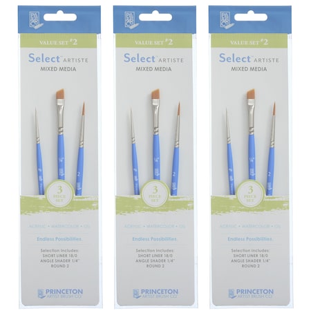 Princeton Select Artiste Brush Set No. 2, Synthetic Bristles, Short Handle Mixed Media, 3-Piece Set, 3PK P3750SET102