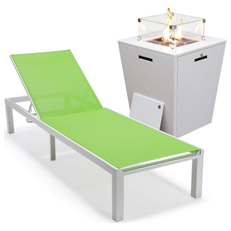 Leisuremod Marlin Modern White Aluminum Patio Chaise Lounge Chair with Square Fire Pit Side Table, Green MLWCF21-77G