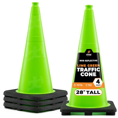 Xpose Safety Traffic Safety Cone, 28 in, Premium PVC, No Collar, Lime Green, 4 pk LTC28-4-X-S
