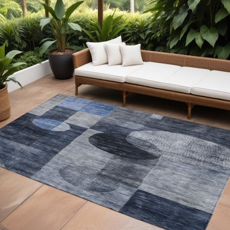 Homeroots 8' X 10' Navy Blue Gray And Charcoal Geometric Washable Indoor Outdoor Area Rug 604333