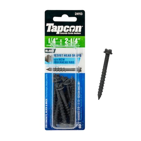 Tapcon 1/4 x 2-1/4 in Black Hex Head Concrete Anchors Corrosion Resistant Climaseal Coating, , 8PK 24113