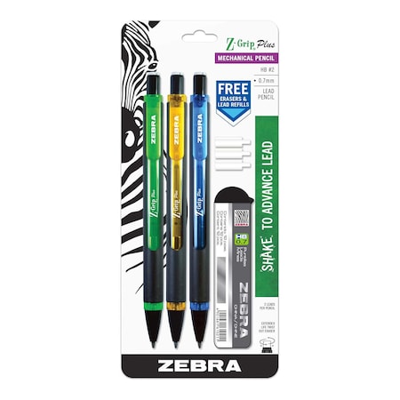 Zebra Pen Z-Grip Plus MP 0.7mm Asst 3pk + Lead & Erasers 55403