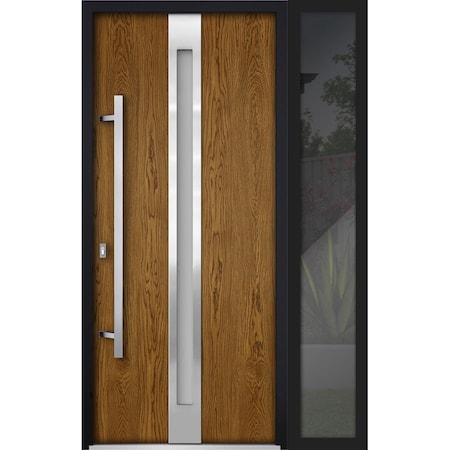 Vdomdoors Steel Door Deux 1744 Natural Oak Sidelight Exterior Black Window Stainless Inserts Single Modern Pa DEUX1744EXD-OAKB-W36+14 x H80-Right-hand Inswing