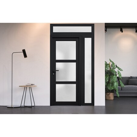 Vdomdoors Front Exterior Prehung FiberGlass Door Frosted Glass / Manux 8552 Matte Black / Sidelight and Trans MANUX8552EXD-BLK-W36+14 x H80+14-LH