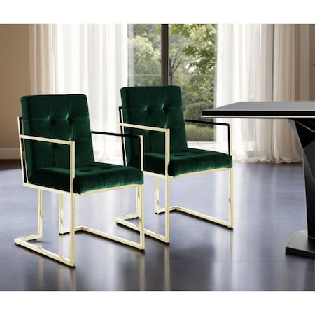 Homeroots Set of Two Tufted Hunter Green and Gold Upholstered Velvet Dining Arm Chairs 543519