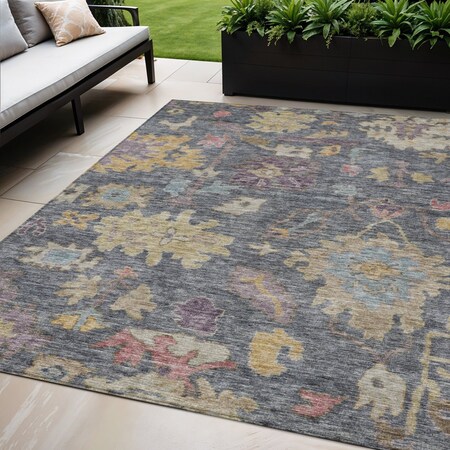 Homeroots 5' X 8' Blue Charcoal And Gold Floral Washable Indoor Outdoor Area Rug 604115