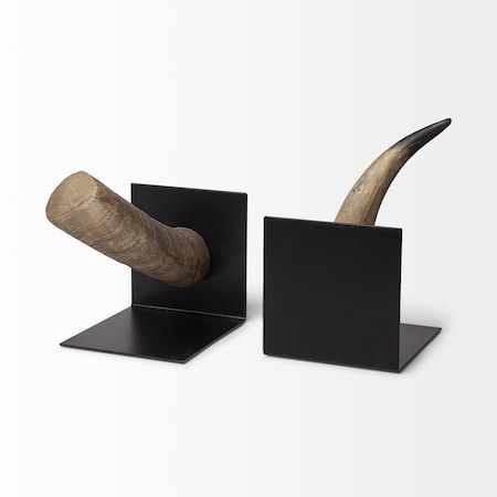 Homeroots Set of Two Brown And Black Resin And Metal Horn Decorative Bookends, 2PK 392132