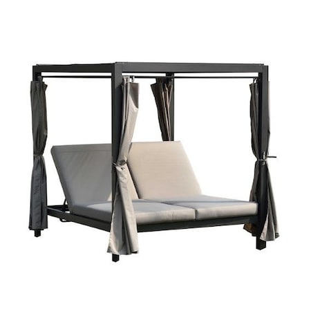 Homeroots 161.85in X 71.37in X 8.58in Gray Outdoor Steel Metal Adjustable Day Bed With Canopy, Taupe Cushions 372327