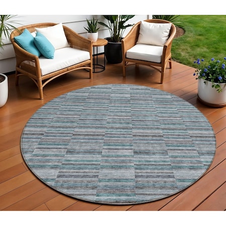 Homeroots 8' Teal Blue Aqua And Gray Round Striped Washable Indoor Outdoor Area Rug 587940