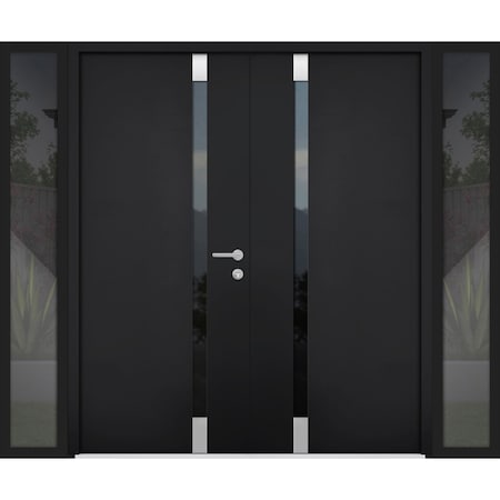 Vdomdoors Aluminum Double Doors Cynex 6777 Black 2 Sidelights Mirrored Clear Glass Modern Painted 96x96 (W12+ CYNEX6777DEXD-BLK-W12+72+12xH96-RH-I
