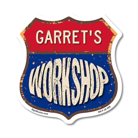 Signmission Garret's Workshop, 18 Inch X 18 Inch, Plastic Sign SHI-P-18-489-GARRET