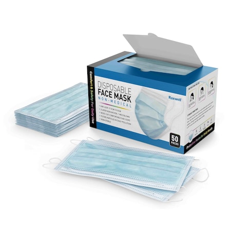 Raxwell 3-Ply Face Mask with Ear Loops, Polypropylene, One-Size-Fits-All, Light Blue, 50PK RSR1300