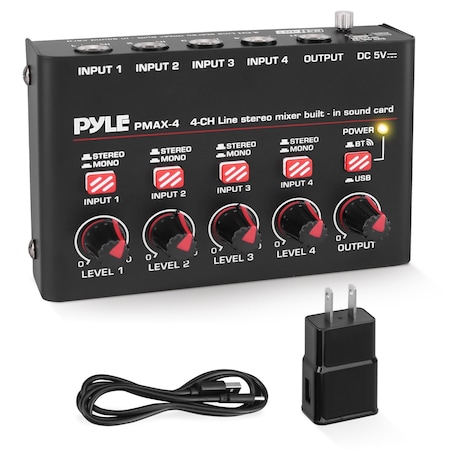 Pyle 4-Channel Bluetooth Mini Line Mixer with USB Audio Interface - 4 Mono/Stereo Switching Inputs PMAX4