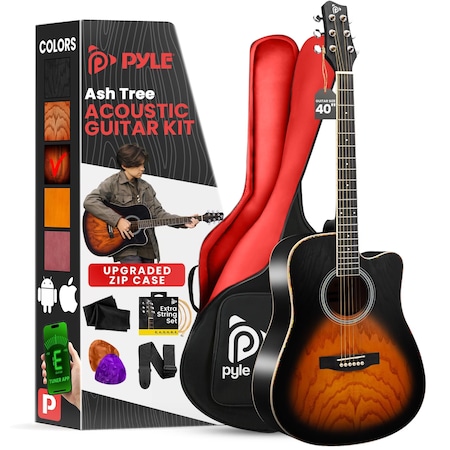 Pyle Steel String Acoustic Guitar Kit, 41 in Full Size Cutaway with Ashtree Top, Open Pore Finish PGA480SB