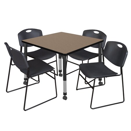 Regency Square Kee Mobile Adjustable Classroom Table W/ 4 Zeng Stack Chairs, 42 in W, 42 in L, Noble Oak TB4242NOAPCBK44BK