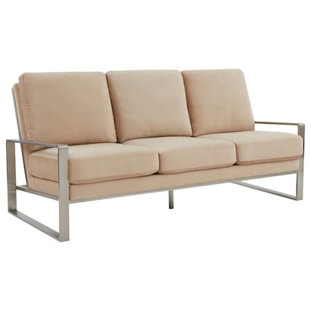 Leisuremod Jefferson Contemporary Velvet Sofa with Silver Frame, Beige JAS77BG