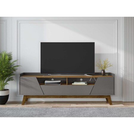 Manhattan Comfort Mid-Century Modern Marcus 70.86 TV Stand with Solid Wood Legs in Grey and Nature 261BMC50