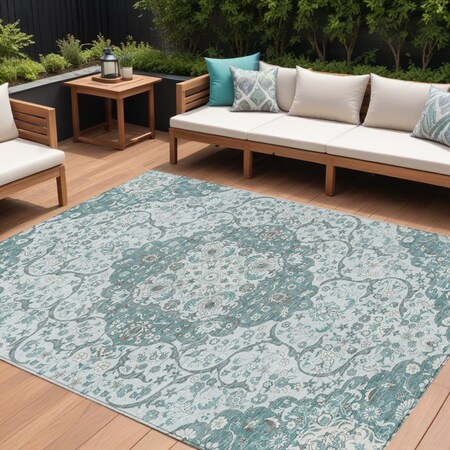 Homeroots 8' X 10' Teal Blue And Ivory Medallion Washable Indoor Outdoor Area Rug 617470