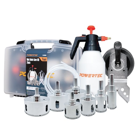 Powertec Wet Diamond Hole Saw Kit - 7 pcs Set with Suction Mount Drill Guide, Water Tank & Hose 14908