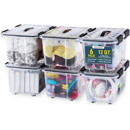 Lifemaster Stackable Storage Box Set, 12 Qt, Nestable, Wheels, Pull-Out Base, Clear, 6PK LIFCTN12