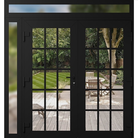 Vdomdoors Front Exterior Prehung Metal-Plastic Double Doors Clear Glass / MANUX 8151 Matte Black / Office Com MANUX8151DEXD-BLK-W72+14xH80+14-RH-I