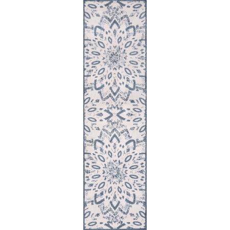 Jonathan Y Flora Abstract Bold Mandala High-Low Cream/Dark Blue 2 ft. x 8 ft. Indoor/Outdoor Runner Rug AMC112D-28