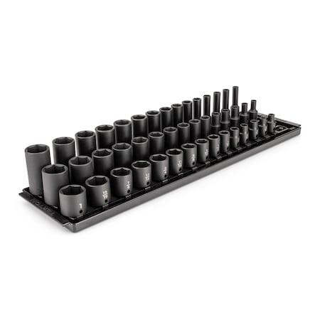 Tekton 3/8in Dr Shallow, Semi-Deep, and Deep 6pt Impact Socket Set w/Rails and Trays, 45pc (1/4-1in) SID91122