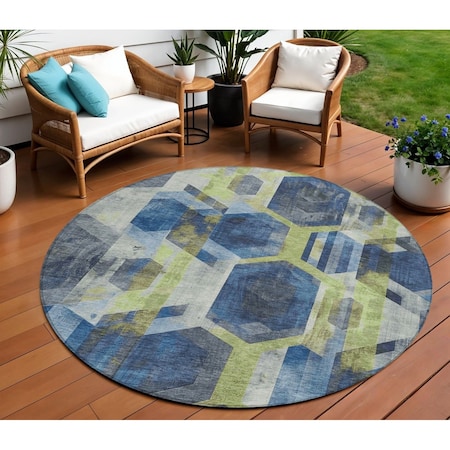 Homeroots 8' Navy Blue Gold And Silver Round Geometric Washable Indoor Outdoor Area Rug 618753