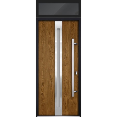 Vdomdoors Steel Door Deux 1744 Natural Oak Transom Black Window Stainless Inserts Single Modern Painted-W36xH DEUX1744EXD-OAKB-W36 x H80+16-Left-hand Inswing
