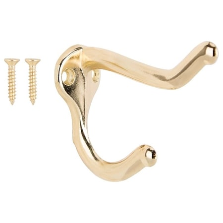 Prosource Coat and Hat Hook, 22 lb, 2-Hook, 1 in Opening, Zinc, Brass H62-B070
