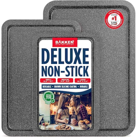 Bakken- Swiss BAKKEN 3-Piece Nonstick Cookie Pan Set, Stackable, Carbon Steel, Oven Safe, 450 DegF, Gray BAKBKGRY33