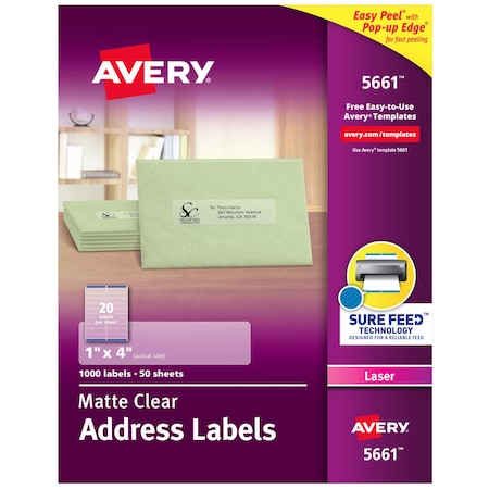 Avery Matte Clear Address Labels, Sure, PK1000 5661