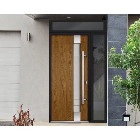 Vdomdoors Steel Door Deux 1713 Natural Oak Sidelight and Transom Black Window Stainless Inserts Single Modern DEUX1713EXD-OAKB-W36+14 x H80+16-Left-hand Inswing