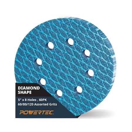Powertec 5 in. 8-Hole Hook and Loop Diamond Shaped Sanding Discs, Assorted Grits 60/80/120, 60PK 44900-P2N