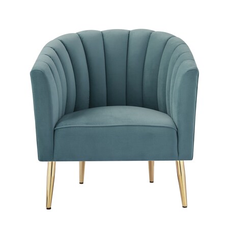 Homeroots 31" Teal Blue And Gold Velvet Tufted Barrel Chair 533881
