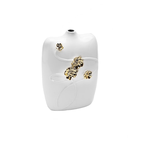 Homeroots 14" White Floral Ceramic Table Vase With Sculptural Details 569270