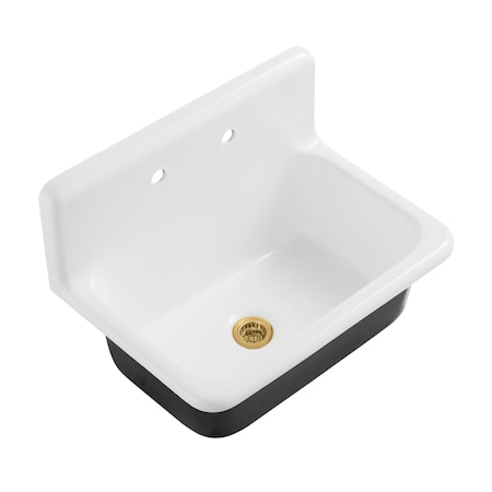 Kingston Brass 30" Cast Iron Single Bowl Wall Mount Kitchen Sink, 2-Hole with Strainer, White/Brushed Brass KGCKWS3020107