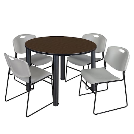 Regency Round Kee Breakroom Table W/ 4 Zeng Stack Chairs, 42 in W, 42 in L, Neo Walnut TB42RNDNWBPBK44GY