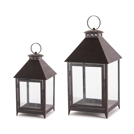 Homeroots Set of Two Black Geometric Iron And Glass Floor Lantern Candle Holders, 2PK 517596