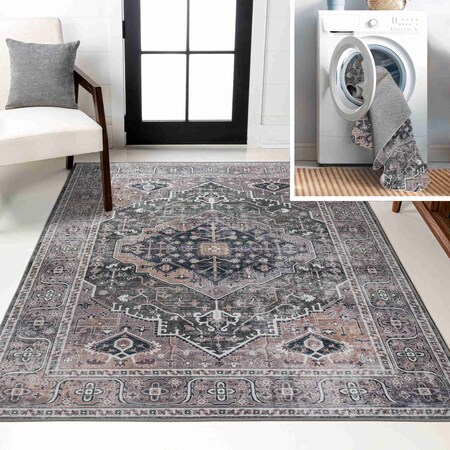 Jonathan Y Alacati Ogee Medallion Non-Slip Machine-Washable Dark Green/Dark Beige 4 ft. x 6 ft. Area Rug WSH103B-4
