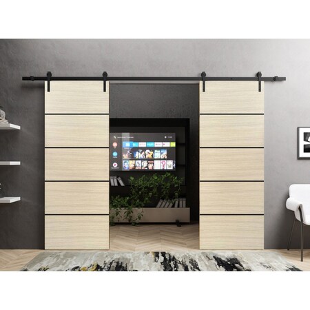 Sartodoors Sliding Double Barn Doors with Hardware, Planum 0015 Natural Veneer and Aluminum Strips, 13FT Rail PLANUM0015DB-SHP-8496